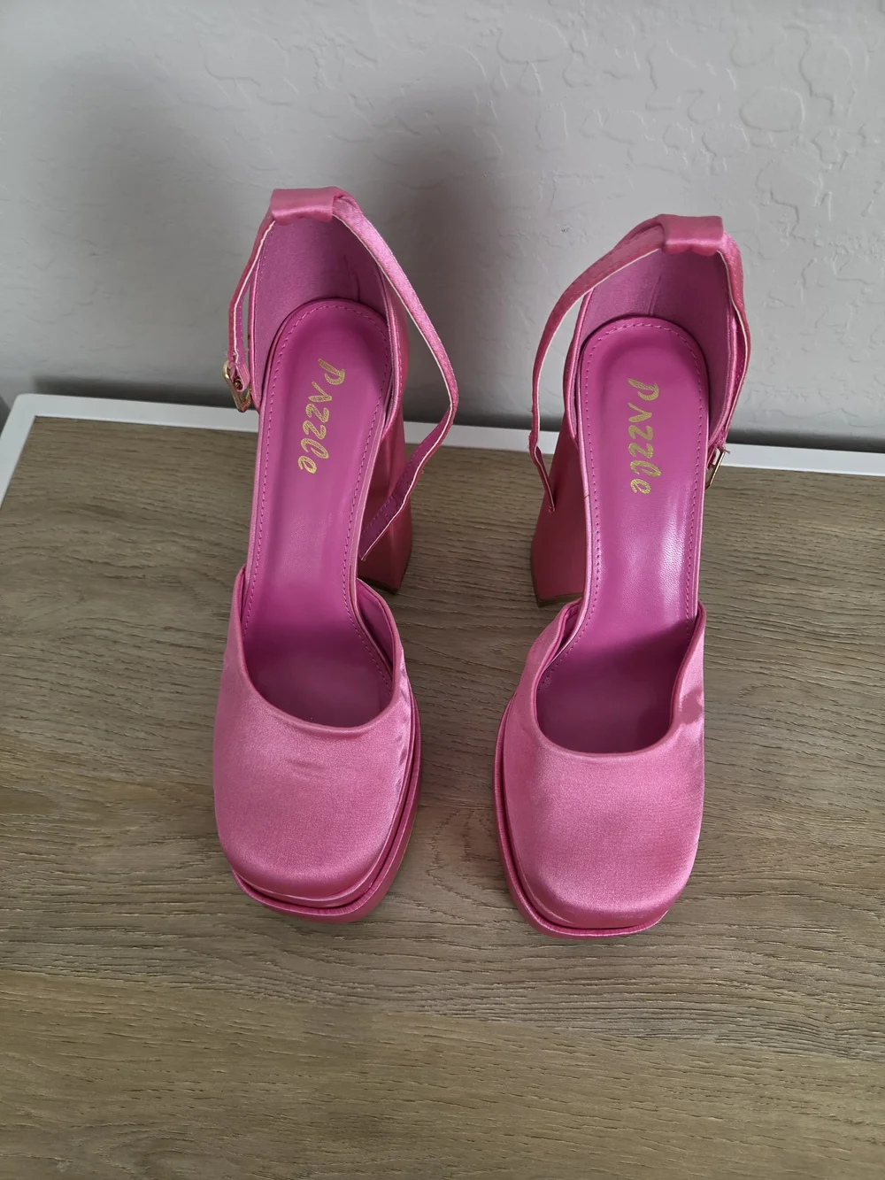 Shoe Dazzle Barbie Pink Satin Platform Slingback Heels